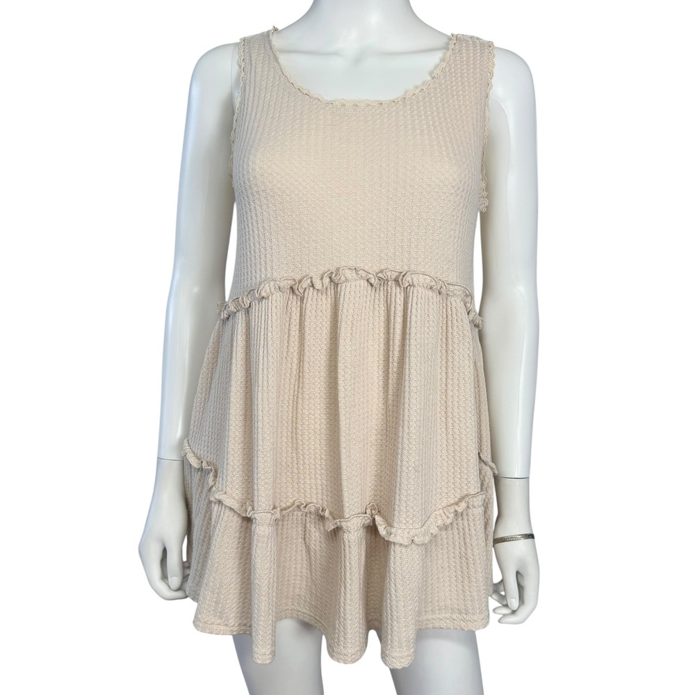 Umgee Waffle Knit Tiered Ruffle Dress Flowy Soft Girl Boho Cottagecore Prairie S